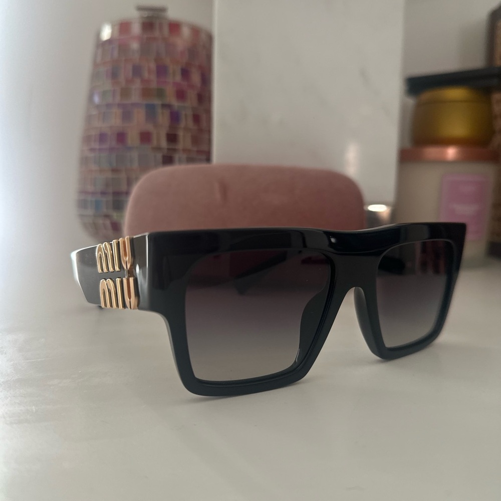 Miu Miu Square Black Sunglasses with Gold Detail